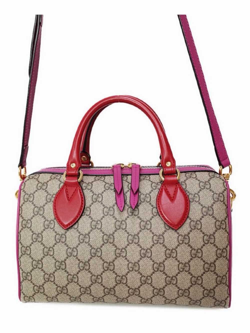 Gucci GG Supreme Boston Bag Hibiscus Red Handle, Pink Shoulder Strap & Trimmings